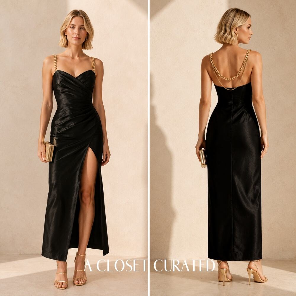 Alieva Dulce Dupioni Maxi Chain Dress Medium Black NWT